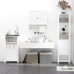 Armoire haute murale salle de bain ou WC - placard 2 portes persiennes avec étagère - porte-serviette - MDF blanc