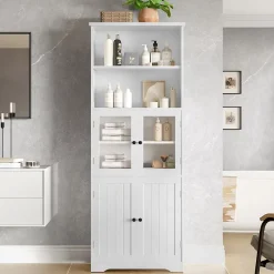 Armoire haute salle de bain, laquée avec porte vitrée et porte bois, 2 étagères ouvertes avec séparateurs réglables, blanc