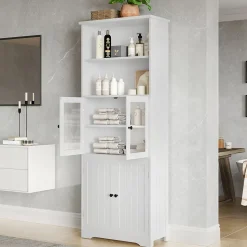 Armoire haute salle de bain, laquée avec porte vitrée et porte bois, 2 étagères ouvertes avec séparateurs réglables, blanc