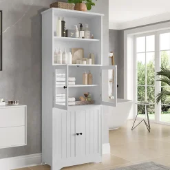 Armoire haute salle de bain, laquée avec porte vitrée et porte bois, 2 étagères ouvertes avec séparateurs réglables, blanc