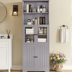 Armoire haute salle de bain, porte vitrée et porte bois, 2 étagères ouvertes avec séparateurs réglables, gris
