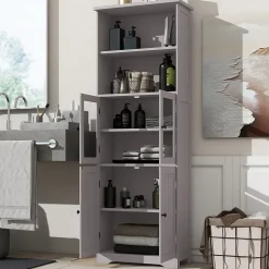 Armoire haute salle de bain, porte vitrée et porte bois, 2 étagères ouvertes avec séparateurs réglables, gris