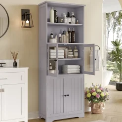 Armoire haute salle de bain, porte vitrée et porte bois, 2 étagères ouvertes avec séparateurs réglables, gris