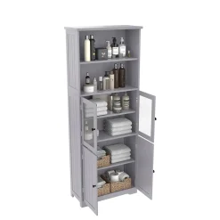 Armoire haute salle de bain, porte vitrée et porte bois, 2 étagères ouvertes avec séparateurs réglables, gris