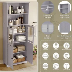 Armoire haute salle de bain, porte vitrée et porte bois, 2 étagères ouvertes avec séparateurs réglables, gris