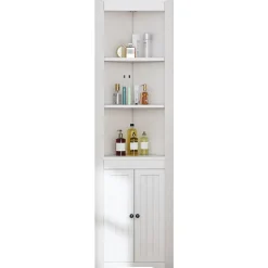 Armoire haute salle de bain blanche, 3 compartiments ouverts, portes à charnières résistantes à l'humidité, étagères coulissantes