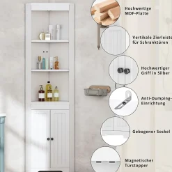 Armoire haute salle de bain blanche, 3 compartiments ouverts, portes à charnières résistantes à l'humidité, étagères coulissantes