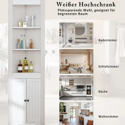 Armoire haute salle de bain blanche, 3 compartiments ouverts, portes à charnières résistantes à l'humidité, étagères coulissantes