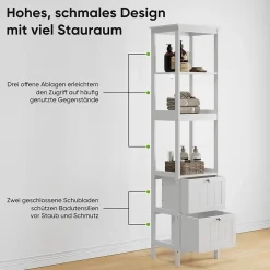 Armoire haute étroite blanche, meuble salle de bain autoportant avec 2 tiroirs et 3 étagères, colonne de rangement 40x30x160 cm
