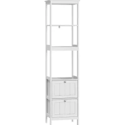 Armoire haute étroite blanche, meuble salle de bain autoportant avec 2 tiroirs et 3 étagères, colonne de rangement 40x30x160 cm