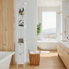 Armoire haute étroite, meuble salle de bain autoportant avec 2 tiroirs et 3 étagères, colonne de rangement, Blanc