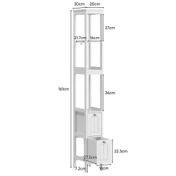 Armoire haute étroite, meuble salle de bain autoportant avec 2 tiroirs et 3 étagères, colonne de rangement, Blanc