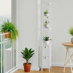 Armoire haute étroite, meuble salle de bain autoportant avec 2 tiroirs et 3 étagères, colonne de rangement, Blanc