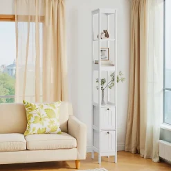 Armoire haute étroite, meuble salle de bain autoportant avec 2 tiroirs et 3 étagères, colonne de rangement, Blanc