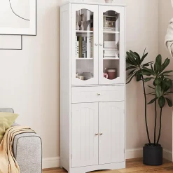 Armoire Hautede Salle de Bain 160 CM Portes en Verre Trempé Étagères Réglables Grand Tiroir