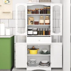 Armoire Hautede Salle de Bain 160 CM Portes en Verre Trempé Étagères Réglables Grand Tiroir
