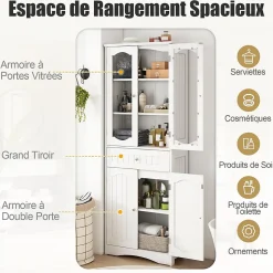 Armoire Hautede Salle de Bain 160 CM Portes en Verre Trempé Étagères Réglables Grand Tiroir