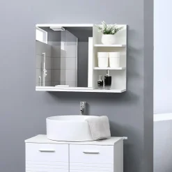 Armoire miroir de salle de bain avec étagère - 3 étagères latérales - kit installation murale fourni - panneaux particules blanc