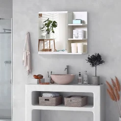 Armoire miroir de salle de bain avec étagère - 3 étagères latérales - kit installation murale fourni - panneaux particules blanc