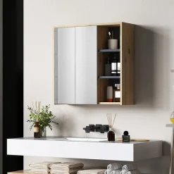 Armoire miroir de salle de bain - 2 portes, étagère, 3 niches - dim. 60 x 20 x 60 cm - effet bois clair naturel