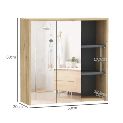 Armoire miroir de salle de bain - 2 portes, étagère, 3 niches - dim. 60 x 20 x 60 cm - effet bois clair naturel