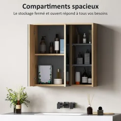 Armoire miroir de salle de bain - 2 portes, étagère, 3 niches - dim. 60 x 20 x 60 cm - effet bois clair naturel