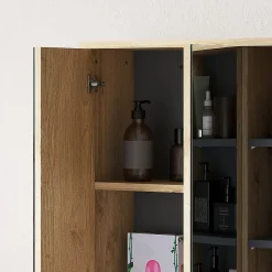 Armoire miroir de salle de bain - 2 portes, étagère, 3 niches - dim. 60 x 20 x 60 cm - effet bois clair naturel