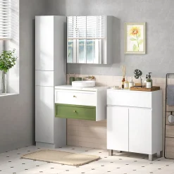 Armoire miroir de salle de bain armoire murale double portes et étagères dim. 60L x 15l x 60H cm MDF blanc