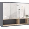 Armoire miroir de salle de bain - 3 portes, 3 étagères, 2 niches - dim. 80 x 20 x 60 cm - gris effet bois clair naturel