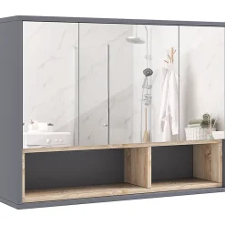 Armoire miroir de salle de bain - 3 portes, 3 étagères, 2 niches - dim. 80 x 20 x 60 cm - gris effet bois clair naturel