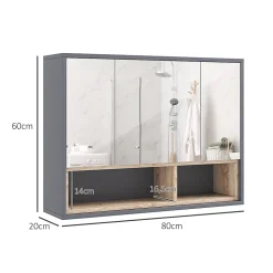 Armoire miroir de salle de bain - 3 portes, 3 étagères, 2 niches - dim. 80 x 20 x 60 cm - gris effet bois clair naturel