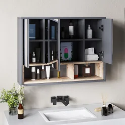 Armoire miroir de salle de bain - 3 portes, 3 étagères, 2 niches - dim. 80 x 20 x 60 cm - gris effet bois clair naturel