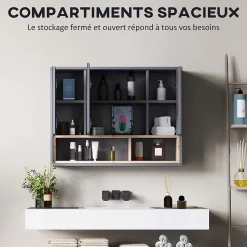 Armoire miroir de salle de bain - 3 portes, 3 étagères, 2 niches - dim. 80 x 20 x 60 cm - gris effet bois clair naturel