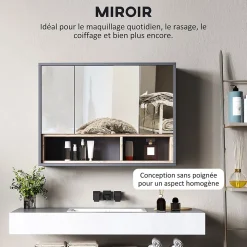 Armoire miroir de salle de bain - 3 portes, 3 étagères, 2 niches - dim. 80 x 20 x 60 cm - gris effet bois clair naturel