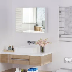 Armoire miroir de salle de bain armoire murale double portes et étagères dim. 80L x 15l x 60H cm MDF blanc