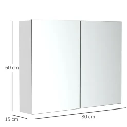 Armoire miroir de salle de bain armoire murale double portes et étagères dim. 80L x 15l x 60H cm MDF blanc