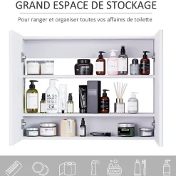 Armoire miroir de salle de bain armoire murale double portes et étagères dim. 80L x 15l x 60H cm MDF blanc