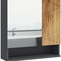 Armoire miroir de salle de bain - 2 portes, 2 étagères, niche - anthracite aspect bois