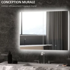 Armoire miroir LED de salle de bain - 2 portes, 2 étagères - tactile, lumière réglable - MDF blanc laqué verre