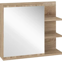 Armoire miroir murale de salle de bain avec étagère - 3 étagères latérales, kit installation - aspect chêne clair