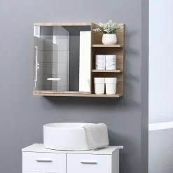 Armoire miroir murale de salle de bain avec étagère - 3 étagères latérales, kit installation - aspect chêne clair