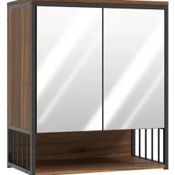 Armoire miroir murale salle de bain 2 portes design - étagère, niche - métal noir effet bois noyer