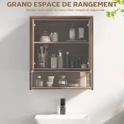 Armoire miroir murale salle de bain 2 portes design - étagère, niche - métal noir effet bois noyer