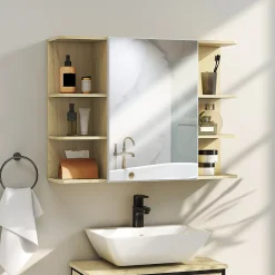 Armoire miroir murale salle de bain - porte, étagère, 2x3 tablettes latérales - 80 x 20 x 59 cm - effet bois clair