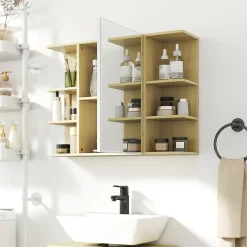 Armoire miroir murale salle de bain - porte, étagère, 2x3 tablettes latérales - 80 x 20 x 59 cm - effet bois clair