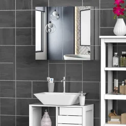 Armoire miroir rangement toilette salle de bain meuble mural dim. 60L x 12l x 55H cm acier inox.