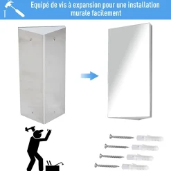 Armoire miroir salle de bain armoire de toilette murale meuble d'angle 2 étagères dim. 30L x 18,4l x 60H cm acier inox.