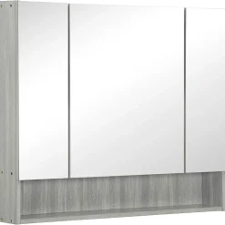 Armoire miroir salle de bain 3 portes 5 étagères, niche - 90 x 15 x 75 cm - effet bois gris