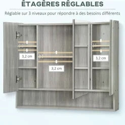 Armoire miroir salle de bain 3 portes 5 étagères, niche - 90 x 15 x 75 cm - effet bois gris