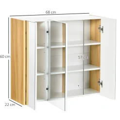 Armoire miroir salle de bain 3 portes 4 étagères aspect bois clair blanc